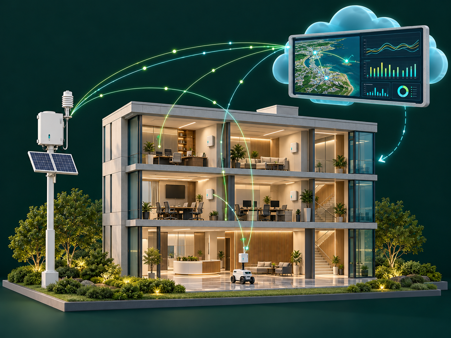 AI 生成的建筑剖面概念图：室外灯杆气象终端、四个房间的固定终端及机器人搭载终端通过流线向云端平台上传数据，平台返回策略